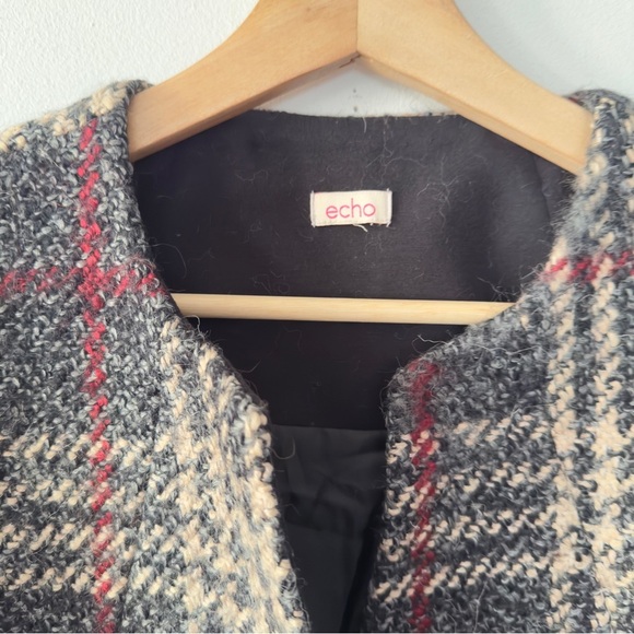 Vintage Y2K Echo Brown Wool Blend Plaid Overcoat Faux Fur Cuffs Wrap‎ Jacket M/L - Picture 10 of 15